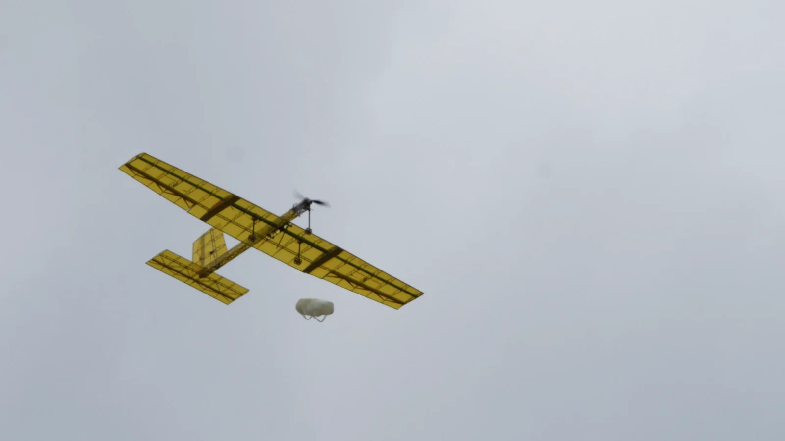 The ultra-light cargo aircraft carrying its payload during a flight test