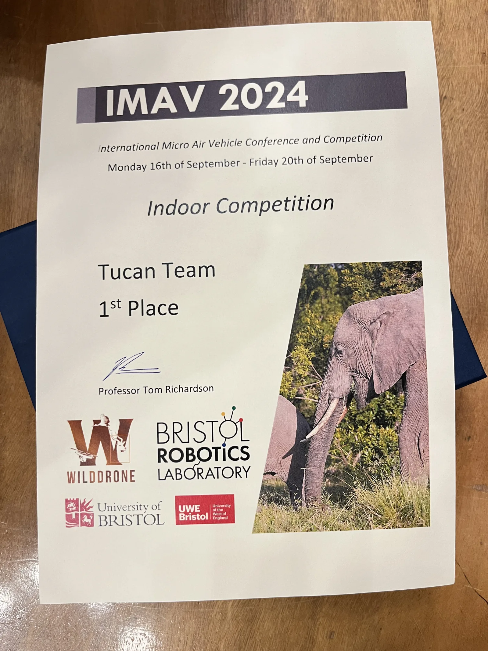 First-place certificate for Team Tucan at IMAV 2024